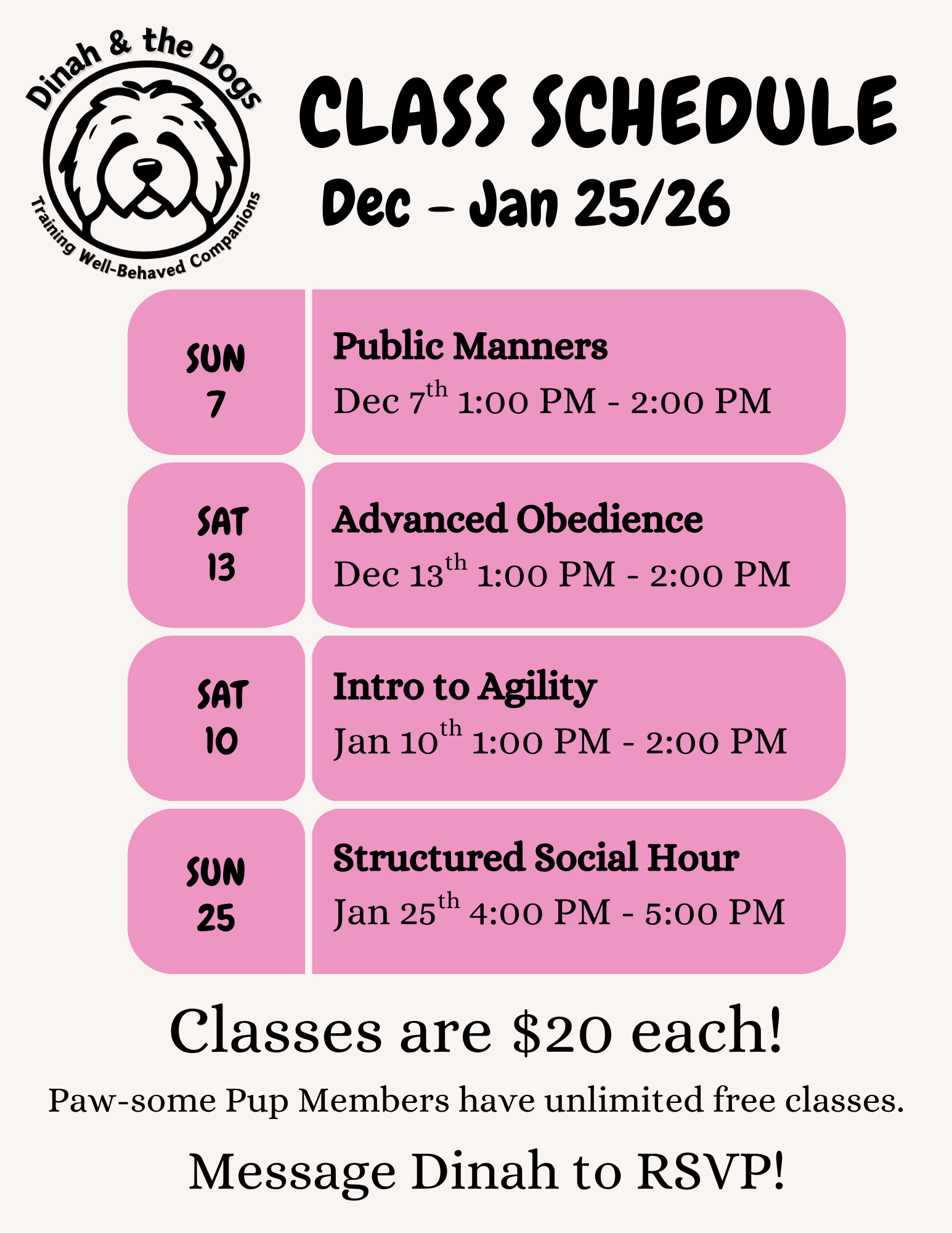 class Schedule Dec- Jan 2526 Dinah & The Dogs