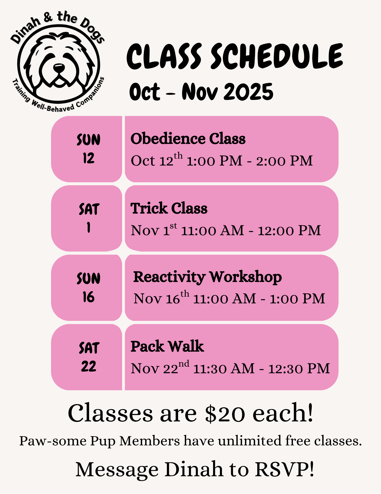 class Schedule Oct - Nov 2025 dinah & the dogs no address class Schedule Oct - Nov 2025 dinah & the dogs no address